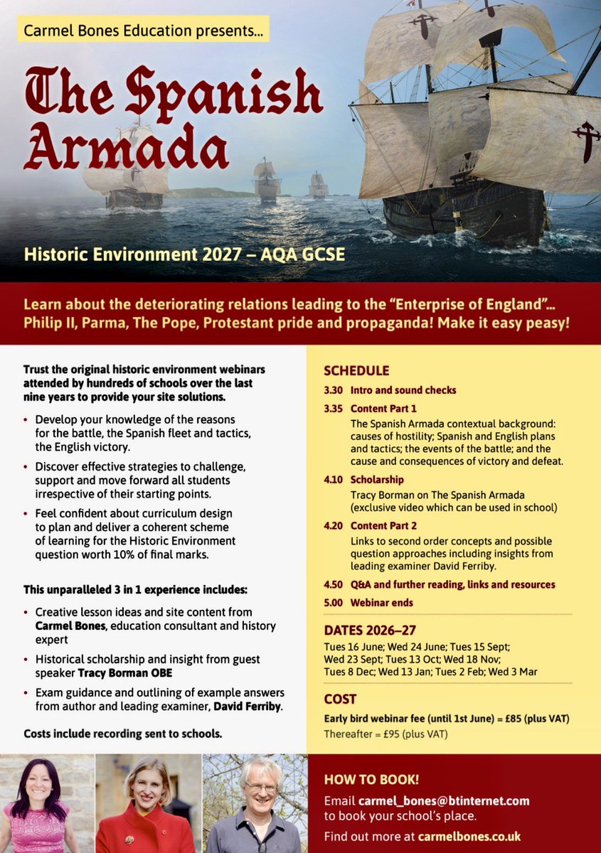 bones_carmel's tweet image. Calling 🚨all #GCSE History teachers #AQA new for 2026 Spanish 🇪🇸 Armada webinar for teachers. Book your place now carmelbones.co.uk #scholarship from @TracyBorman exam advice from David Ferriby please 🙏 spread the word! Thank you