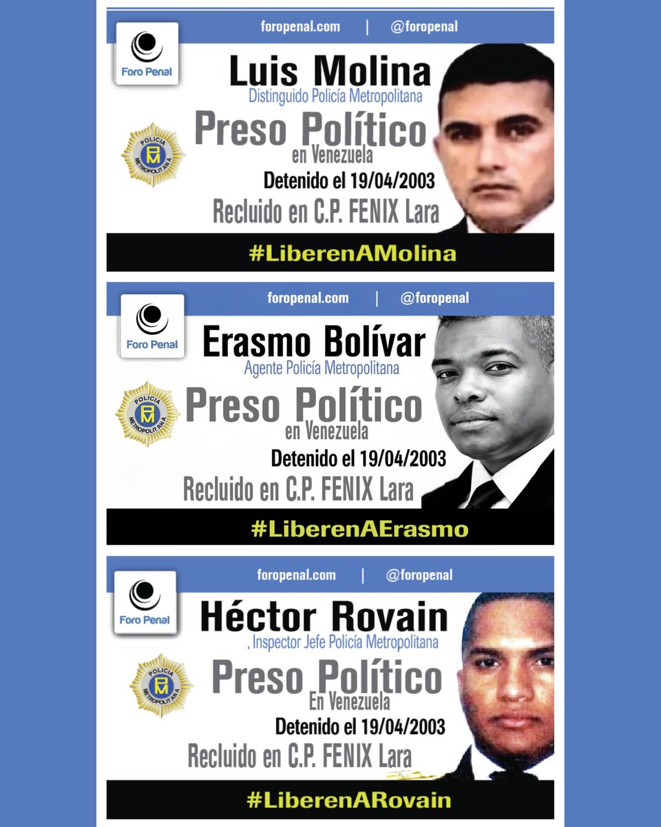 #11Ab A 24 años de los sucesos del 11 de abril del 2002, no olvidemos a: 

𝗟𝘂𝗶𝘀 𝗠𝗼𝗹𝗶𝗻𝗮: Distinguido de la extinta Policía Metropolitana, Preso Político en Venezuela desde el 19/04/2003 por defender a ciudadanos cuando manifestaban cerca de Puente Llaguno, Caracas. Fue