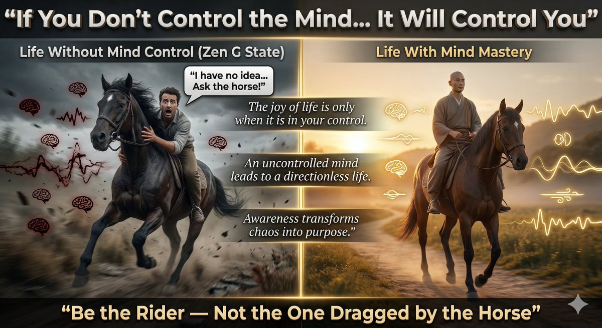 YogOam's tweet photo. The Joy of riding a vehicle is only when it is in our control. A man was somehow hanging into the neck of the a horse who was galloping away. A passerby asked him where he was going. He said " I have no idea. Ask the Horse!. https://t.co/ZFmDT0O4Wz