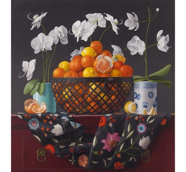 HWarlow's tweet image. James Aponovich 
American painter who creates 
Still Life work with extra flourishes 
Cheerful, love his ‘Orange’ choice. Nasturtiums and  orange and lemon fruits 
‘Unabashedly Positive and Visionary’. Critics words