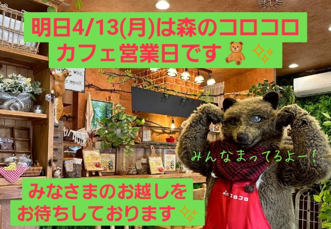こんばんは🌃
明日4/13(月)は森のコロコロカフェ営業日です🧸✨

もう４月も中盤😲１年の1/3が過ぎてることに驚きを隠しきれません( ; ﾟДﾟ)ｳｿ‥ﾀﾞﾛ‥

ご好評いただいております春の桜メニューもラストスパートが見えてきました🌸🏃