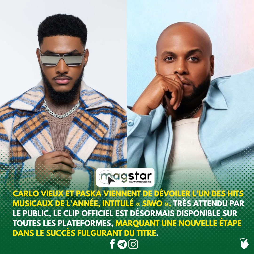 MAG_STARS_'s tweet image. @MrCarloVieux &amp;amp; @Paskamusic FRAPPENT FORT 🔥

Le hit « SIWO » est enfin là, et le clip est maintenant disponible partout 🎬✨
Un son qui fait déjà vibrer les réseaux… et ce n’est que le début 🚀

Allez checker ça maintenant
#Siwo #CarloVieux #Paska #magstar #hmi #ClipOfficiel