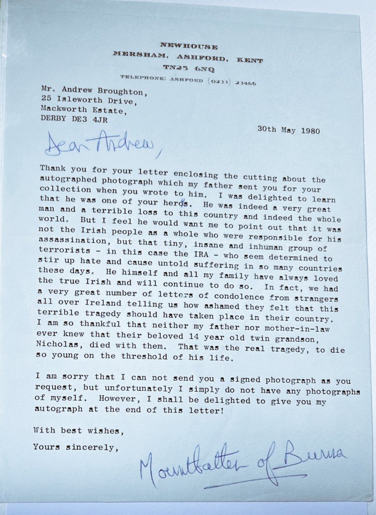 Here I share a private 1980 letter to me from Patricia Brabourne, The Countess Mountbatten of Burma, oldest daughter of Lord Louis, The Earl Moubtbatten of Burma, AF, Last Viceroy of India, in which she refers to her Father's assassination by the IRA a few months earlier.