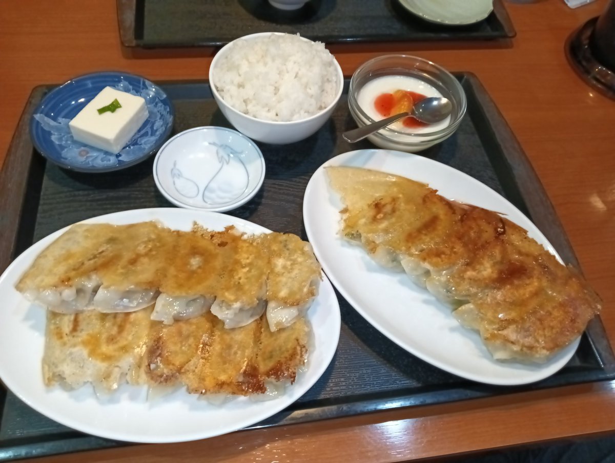 夕食。全ての定食にプラス150円でギョーザを付けられるオプションがあったので…
ギョーザ定食にオプション付けたらこうなりました。店の人に、こいつどんだけギョーザ好きなんだ！と思われたことでしょう