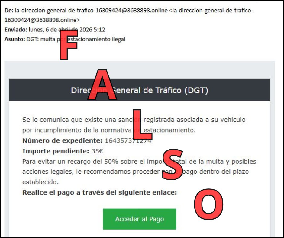 policiaboadilla's tweet image. ⚠️ Mucha precaución 

❌ Ni por #SMS,  ni mediante correos electrónicos.❌

🎣¡FRAUDE! La #DGT @DGTes SOLO comunica las sanciones por CORREO POSTAL📬 o a través de la Dirección Electrónica Vial #DEV.

#NoPiques #Phishing