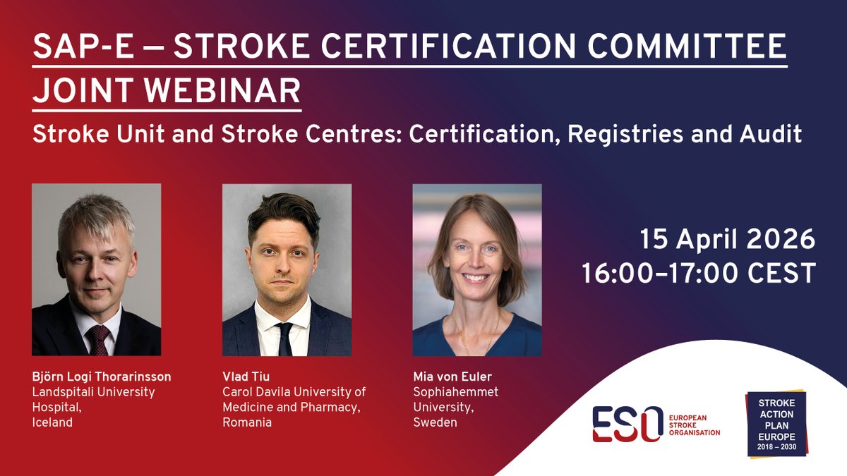 ESOstroke's tweet image. There is still time to register for the #SAPE &amp;amp; ESO #Stroke Unit Certification Committee webinar:
Stroke Unit &amp;amp; Stroke Centres: Certification, Registries &amp;amp; Audit
🗓 15 April | 🕓 16:00CEST
➡️ ow.ly/azng50YxXBb
#StrokeActionPlan @Bjornlth @Vlad_Tiu_MD @frejaa64 @ASafouris