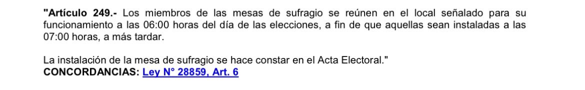 ananeyra's tweet photo. La instalación de mesas debió ser 7am (LOE 249), pero aún ser después (LOE 252).

Normalmente es antes de 12 m porque instalación posterior es causal de nulidad aunque solo si la instalación luego del mediodía no es justificada o ha afectado el derecho de sufragio (LOE 363 a). https://t.co/CqTPcZWywY