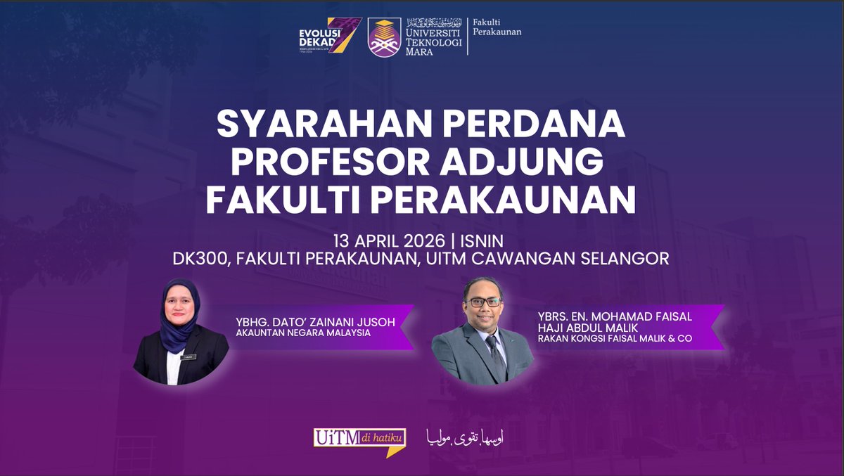 Ikuti siaran langsung Syarahan Perdana Profesor Adjung Fakulti Perakaunan di Youtube UiTM Channel

🗓️Tarikh: 13 April 2026 (Isnin)
🕑Masa: 2.00 – 5.30 petang
youtube.com/@UiTMChannel/f…