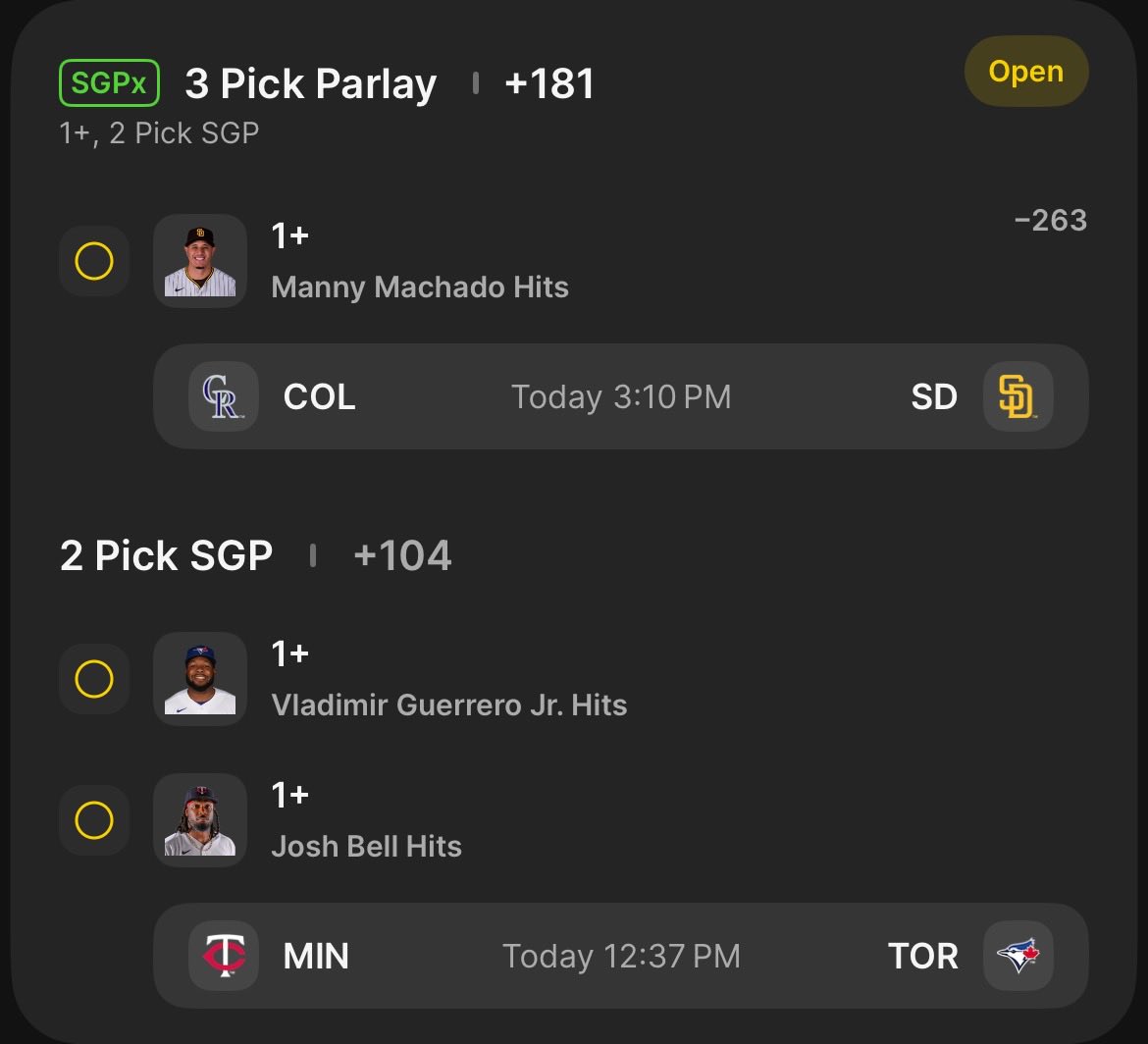 Stats_Cash's tweet photo. HITS/HR PARLAYS 🔥

Machado/Guerrero Jr./Bell 1+ Hits (.5U) 💥 

Schwarber/Cruz 1+ HR (.1U) 💣 

#ForTheFaithful #BlueJays50 #NoPlaceLikeHERE #RingTheBell #LetsGoBucs #MLB #sportsbettingpicks #StatsCash https://t.co/PgtIFgxypT