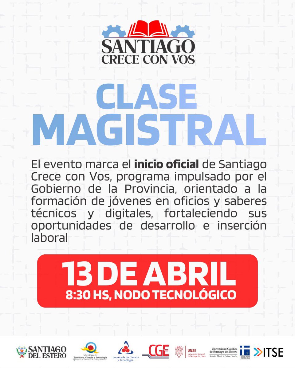 📣 Santiago Crece con Vos – Clase Obligatoria

Te esperamos el 13 de abril, 8:30 hs, en el Nodo Tecnológico.

▪️ Presentar constancia de CUIL
▪️ Registro de firmas
▪️ Información sobre el incentivo
 
🚍 Colectivos gratuitos desde el Fórum hasta el Nodo Tecnológico