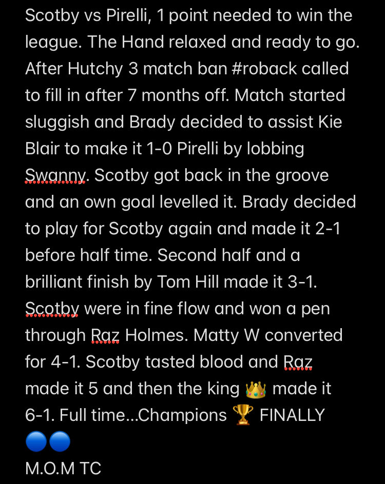 afcscotby's tweet photo. Scotby 6-1 @InterPirelli 

SCOTBY ARE PREMIER DIVISION CHAMPIONS https://t.co/PibPqjcCT5