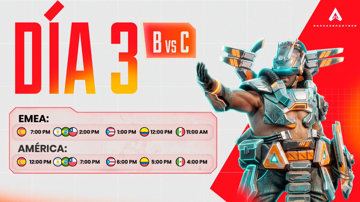 ApexEsportsES's tweet image. 🚨HOY: #ALGS Pro League Día 3 en EMEA y América.

En EMEA competirán:
@KiingZFPS 🇧🇷(Eclipse), @UxakoTTV 🇪🇸(UAV) y @KlND4_ 🇪🇸(Bandits)

En América:
 @Why_Envyyy 🇵🇷 (HbM), #LEGACY 🇲🇽 y @Fredstxr 🇲🇽 (Zest Fest)