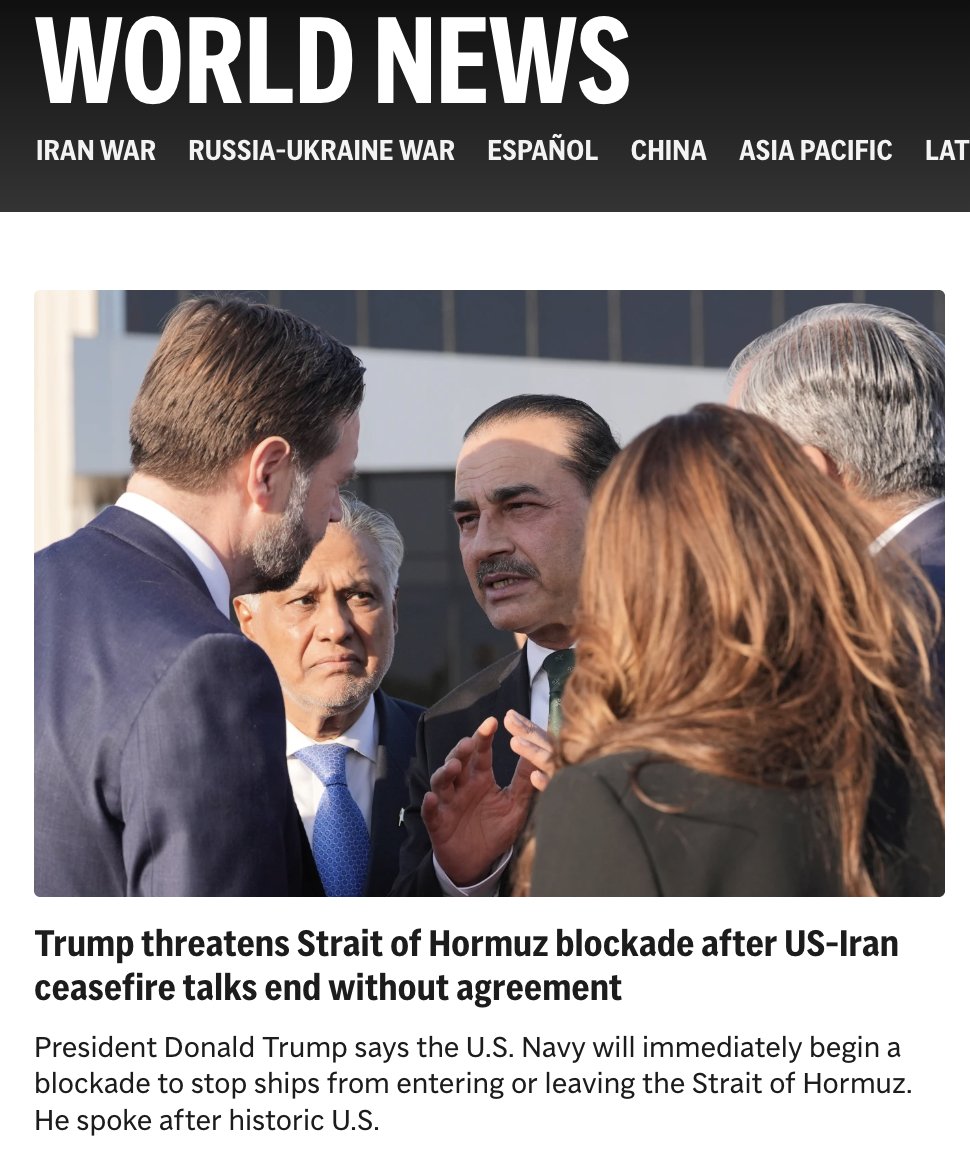 AP: Trump threatens Hormuz blockade after talks fail.

PS: The comedy has officially crossed into farce. Now Trump straight-up wants to help Tehran choke off the strait.
