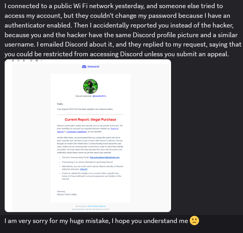 malek62014's tweet photo. Hey @discord. I've been banned for no reason ip banned Cuz for phishing when actually i didnt do it i contacted support and told them my friend accidently reported me and Went through all security stuff but I couldnt do the buy to verify thingy cuz my parents didnt agree so ban https://t.co/UiOWZznkuH
