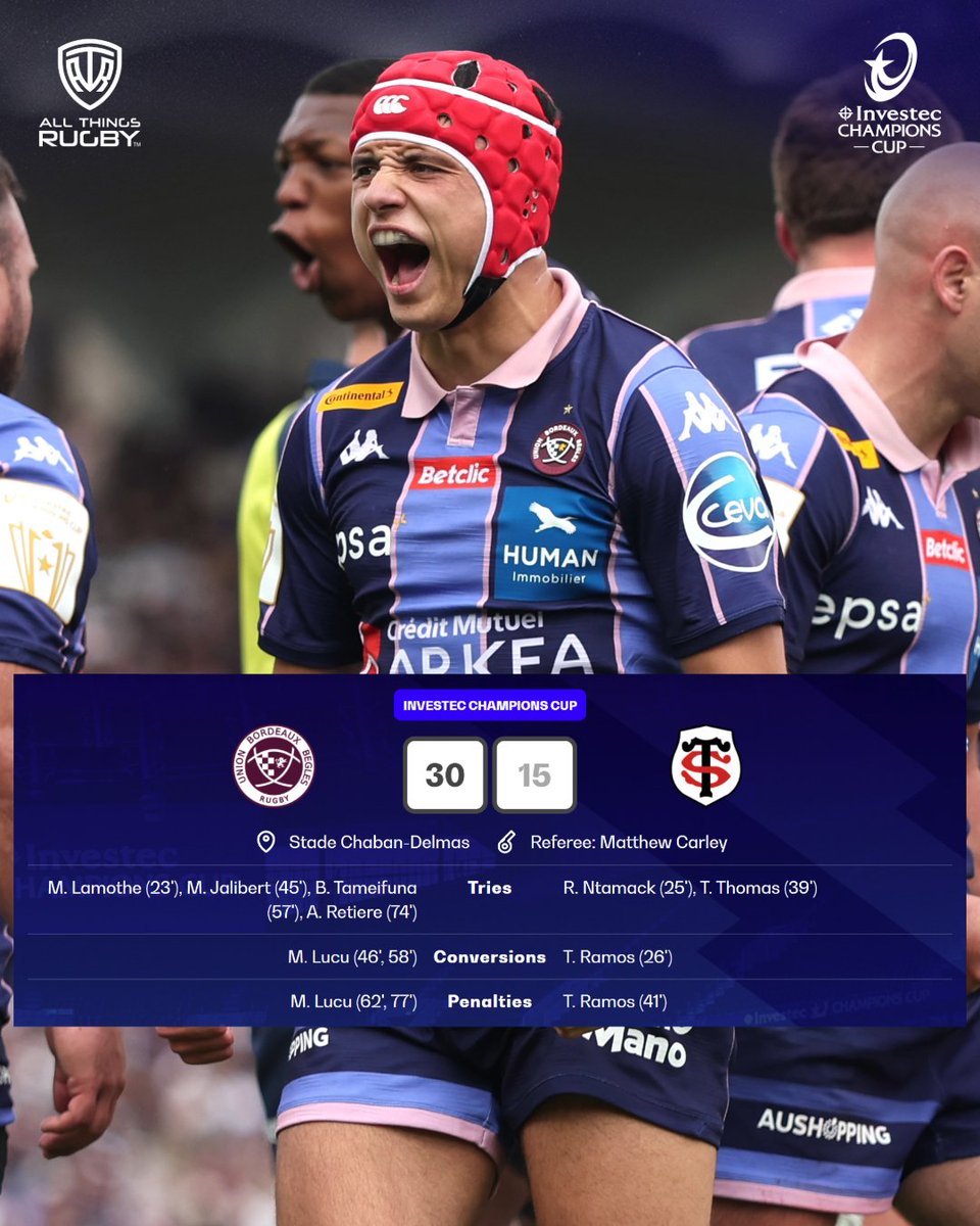 AllThingsRugbyX's tweet photo. THE CHAMPIONS ARE THROUGH!!!!!
WHAT A MATCH!!! Bordeaux are through after beating Toulouse.
#BORvTLS #EPCR #InvestecChampionsCup https://t.co/8tmhCO2eJG
