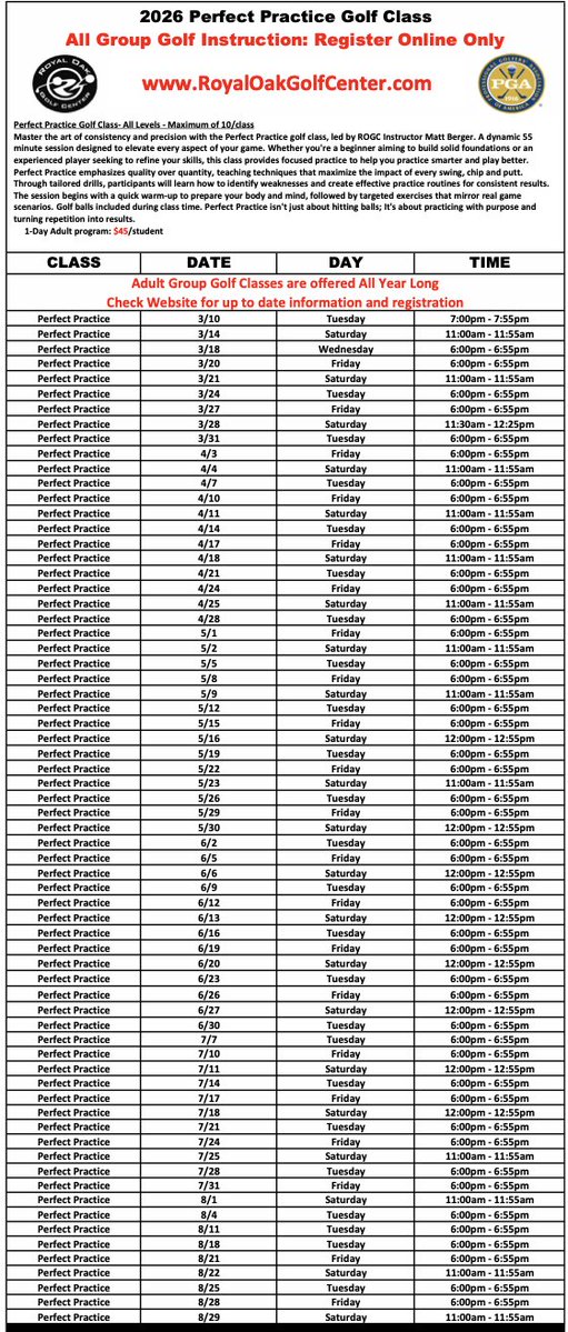 royaloakgolfcen's tweet image. Sign-Up for our 2026 Perfect Practice Golf Class! Master the art of consistency &amp;amp; precision with Perfect Practice led by ROGC Instructor Matt Berger. This dynamic 55 minute session is designed to elevate every aspect of your game. Sign-Up NOW: royaloakgolfcenter.proagenda.com/groups
#GolfLessons