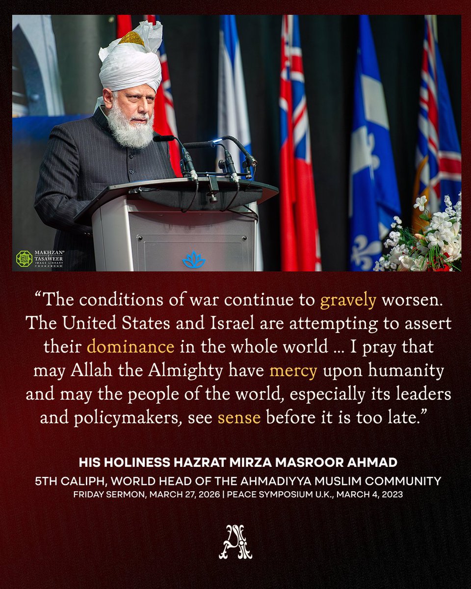 AnalystNews_'s tweet photo. Global religious leaders are warning of the full outbreak of a third world war if the current situation continues. 

His Holiness Hazrat Mirza Masroor Ahmad and His Holiness Pope Leo have both urged political leaders to adopt diplomacy and justice to avert a catastrophe. These warnings have been echoed by His Holiness the Dalai Lama. 

The World Head of the Ahmadiyya Muslim Community, His Holiness Hazrat Mirza Masroor Ahmad, has been warning of this threat for at least two decades, saying that "the world stands on the brink of destruction" because of the immorality,  greed and selfishness of nations. He has long warned of the nuclear risk and condemned the loss of innocent life. 

The Head of the Catholic Church, His Holiness Pope Leo XIV has also taken an anti-war stance since his election in 2025. As the first American pope, he has decried the end of diplomacy and denounced the use of religion in justifying modern warfare. Most recently, he condemned the "idolatry of self and money" as the root causes of unjust wars in the world. 

The Head of Tibetan Buddhism, the 14th Dalai Lama, His Holiness Tenzin Gyatso, has echoed their message by calling for peace and reiterating that "violence begets violence." He said that many have been conditioned to view war as "exciting or glamorous," but it is instead "monstrous." 

Share their message.