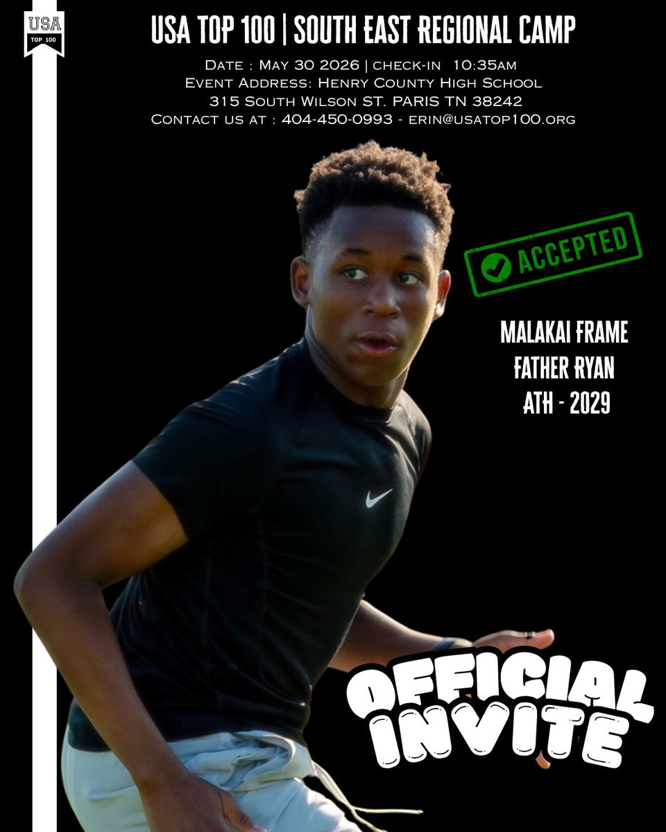 FrameMalakai's tweet photo. Blessed to receive a invite to @USATOP100dotorg Regional Camp #AGTG 🙏🏾 https://t.co/RkYgVdRYiR
