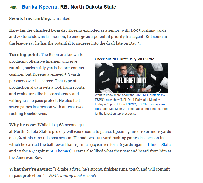 DomIzzoWDAY's tweet photo. ESPN has identified seven draft risers, which includes #NDSU running back Barika Kpeenu as one of them. https://t.co/Y5XoPY0Bki