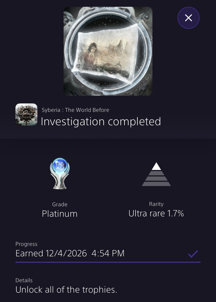 miislyss's tweet photo. Platinum #116 - 
Syberia: The World Before 

#TrophyHunting #SyberiaTheWorldBefore https://t.co/W5rTPADVIk