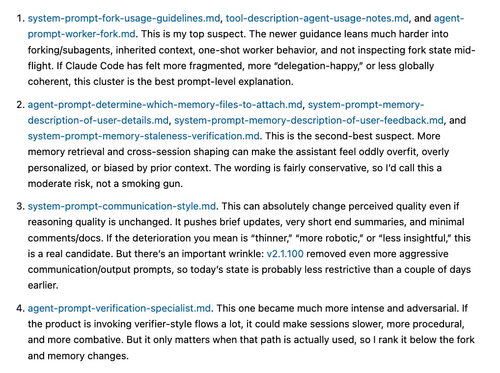 Ranked analysis of Claude Code prompt changes showing fork/subagent orchestration as top suspect