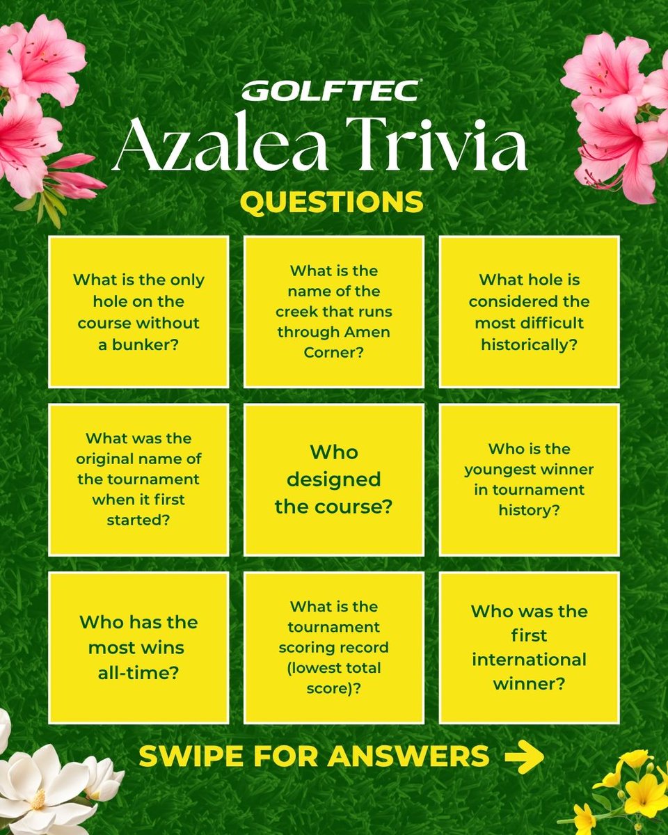 GOLFTEC's tweet photo. How well do you really know this spring major? 🌸⛳️
Azalea Trivia is here…
Comment how many you got right 
#GolfTEC #GolfTrivia #SpringGolf https://t.co/3fseOnpKnw