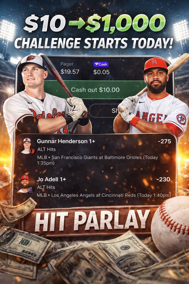 the_Dollabills's tweet image. 🚨 $10 ➡️ $1,000 CHALLENGE 🚨 

We’re starting the climb TODAY 💰

📍 Step 1 (+104)
⚾ Gunnar Henderson 1+ Hit
⚾ Jo Adell 1+ Hit

#Follow and #Share to get on the 🚂 to $1000!!