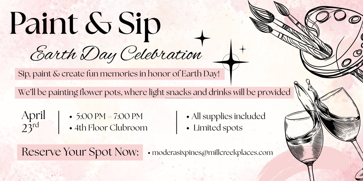 ModeraSixPines's tweet photo. Let’s celebrate the Earth together 🌎
Good vibes, creativity, and a little greenery!
Join our Earth Day Paint &amp; Sip for a night of fun, connection, and custom flower pots.
#SustainableLiving #EcoFriendly #GreenVibes #PlantLovers #LiveBeautifully #ModeraSixPines... https://t.co/wf3QQsLs7g