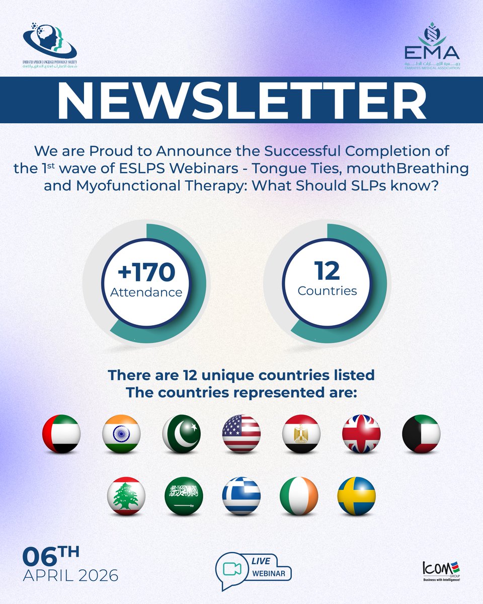 EmiratesSlp's tweet photo. We are thrilled to announce the successful completion of the 1st wave of ESLPS Webinars! 
A huge thank you to our diverse community of SLPs for leaning in, asking the right questions, and elevating the standards of care worldwide. Stay tuned for what’s coming next!
#SLP https://t.co/rUI1iDEUxM