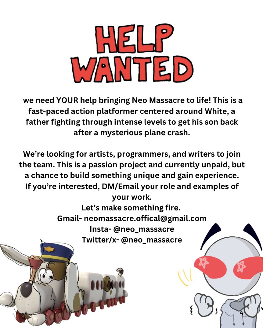 neo_massacre's tweet photo. hey, i’m opening up the Neo Massacre team.
this is a small indie passion project i’ve been building, and i’m looking for:

🎨 artists
✍️ writers
💻 programmers

⚠️ this is currently unpaid, just a passion project, you can apply here: https://t.co/1ffIigjRmU
#indieartist https://t.co/ahndOvNOBc