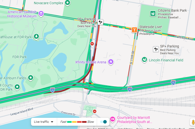 PhillyTrafficWX's tweet image. Congestion on Broad street and I-95 north exiting for Broad street do to an afternoon #Phillies game. Watch for slow or stopped traffic staring on the off ramp from I-95 #SouthPhilly.