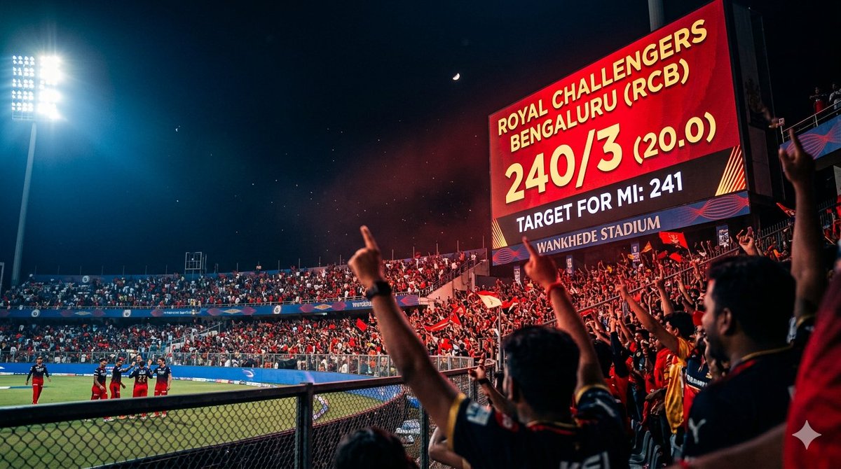 TheRanaSaha's tweet photo. RCB just posted 240/3 against MI at the Wankhede! 🏟️🔥

Virat Kohli is back with a vintage 105* and Rajat Patidar went nuclear. Mumbai Indians need 241 to win this. Is the Wankhede curse finally breaking? 🏏🚀
#RCBvsMI #IPL2026 #ViratKohli https://t.co/X7UfCY5Pjj