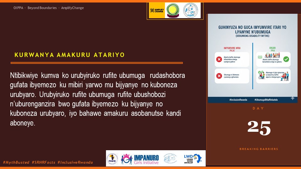 oipparwanda's tweet image. Duharanire kugira uruhare mu kunyomoza ibinyoma bivuga ku myororokere y'abantu bafite ubumuga!
#OIPPARwanda #SRHR #reproductive #health #inclusion #BeyondBoundaries #imyororokere #ywcvs #SRHRInformation