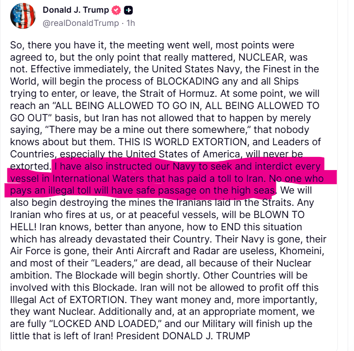 <a href="/WhiteHouse/">The White House</a> So let me get this right
The mental orange lunatic is going to attack merchant ships in international waters that have paid to get out of the Persian Gulf because the sailors on board the ships (human beings) have been stuck in the Persian Gulf since late Feb because of the war