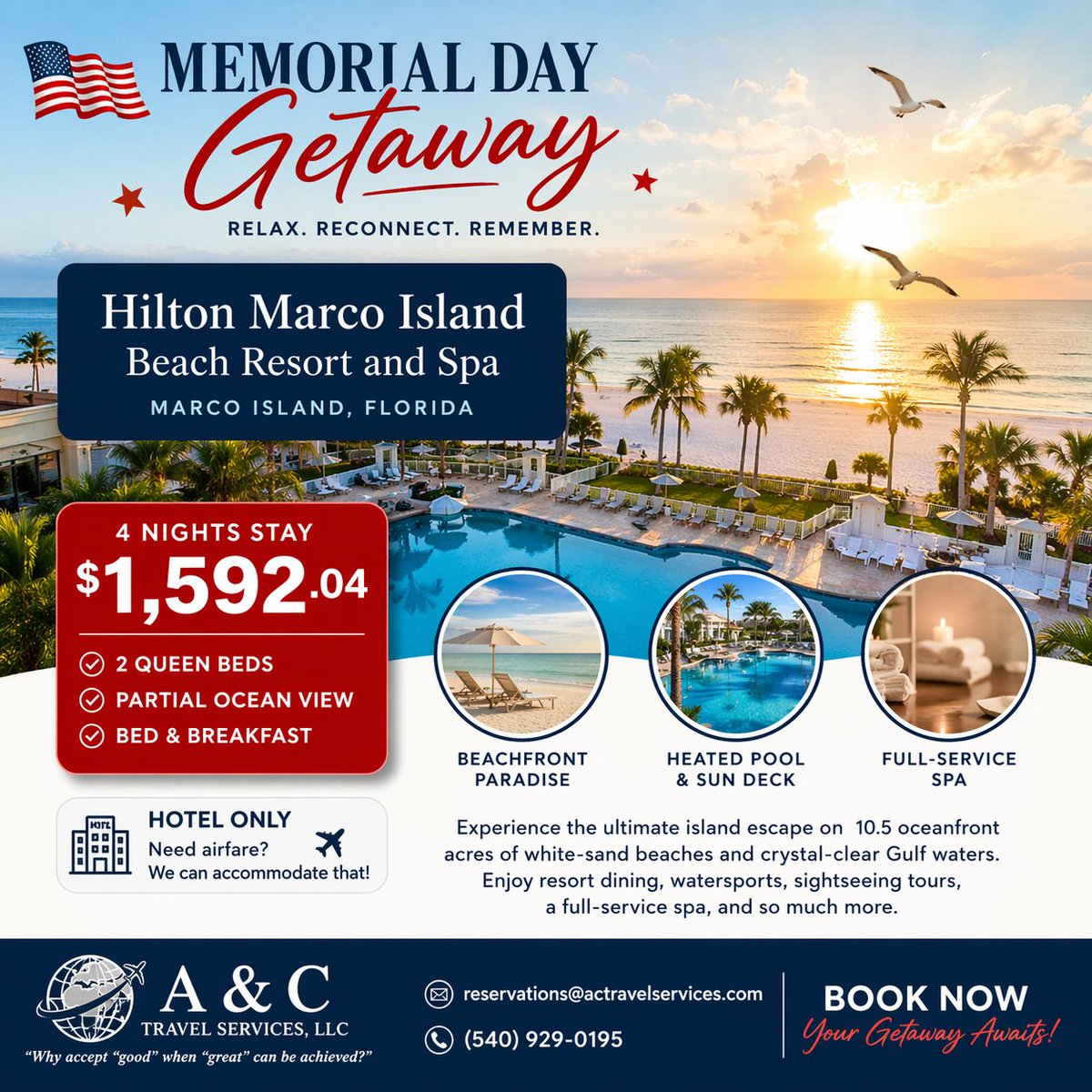 ACTRAVELSERVICE's tweet image. Memorial Day Beach Getaway 🌴

Stay at Hilton Marco Island Beach Resort and Spa

4 Nights $1,592.04
2 Queen Beds + Breakfast

Hotel ONLY
✈️ Flights available upon request

📩 reservations@actravelservices.com

📱 540-929-0195

#MemorialDay #TravelDeal 
wix.to/pkcCBxZ