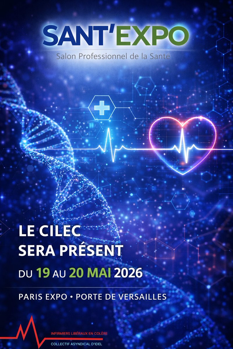 Le collectif des infirmiers libéraux en colère sera à #SantExpo !

📍 Paris Expo – Porte de Versailles
📅 19 &amp; 20 mai

💬 Échanges, discussions, mobilisation
Venez nous rencontrer !

#IDEL #Infirmiers #Santé