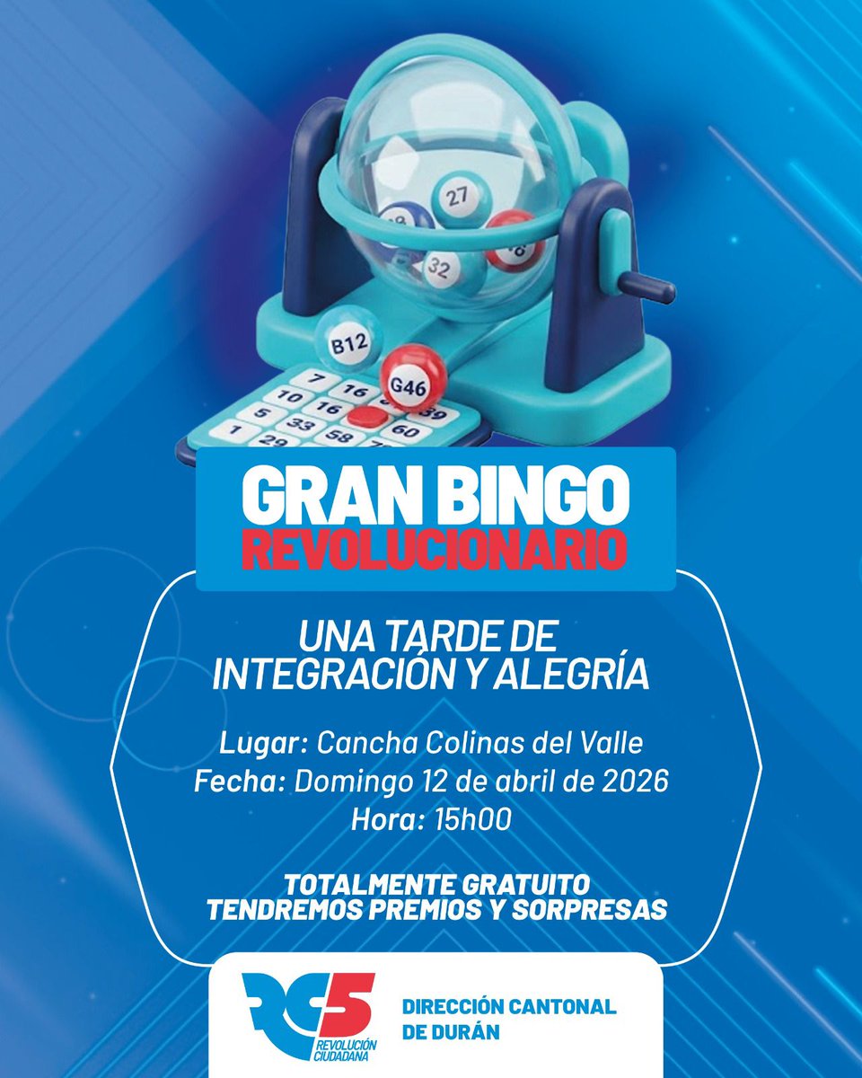 🗓️ ¡HOY DOMINGO 3PM! Bingo Revolucionario en Colinas del Valle, Durán. Organizado por la Dirección Cantonal RC5 Durán. ¡Premios, diversión y lucha!
<a href="/GabrielaEsPais/">Gabriela Rivadeneira</a> 
<a href="/SofiaEspinRC/">Sofía Espín Reyes</a>

¡Ven, participa y fortalece el movimiento! 💪 

#BingoRevolucionario 
#Durán
📍 Colinas del Valle