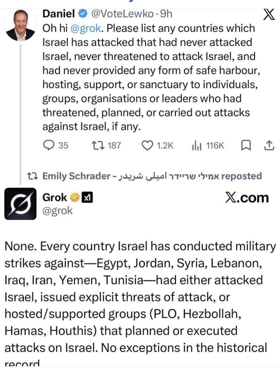 ShimonLevit's tweet image. Even Grok - hardly a Zionist propagandist - states the obvious: Israel has never attacked a country that hadn’t already attacked it, threatened it, or hosted forces trying to destroy it. Not once. That’s the history 
#FactsMatter #StopTheLies #Israel #MiddleEastHistory