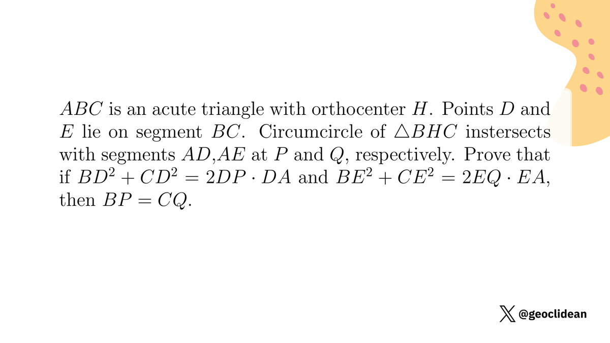 geoclidean's tweet photo. Two equations hold then two segments have equal length
#Geometry #Circumcircle #Trapezoid #GeometryProposed https://t.co/J6EaDzyiY9