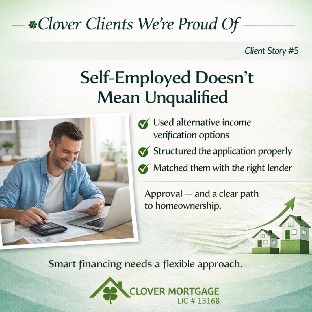 Self-employed doesn’t mean unqualified — it means the strategy needs to be smarter.
After being declined through traditional income methods, we reviewed the full financial picture, used alternative income verification, and matched the client with the right lender.