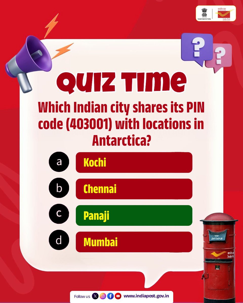 IndiaPostOffice's tweet image. It’s Panaji ✔️
This PIN loves both sunshine and snow!

Congratulations to @Addy_03_singh for being the first to guess it right! 

#Quiz #IndiaPost #DakSewaJanSewa #Panaji #GuessTheAnswer