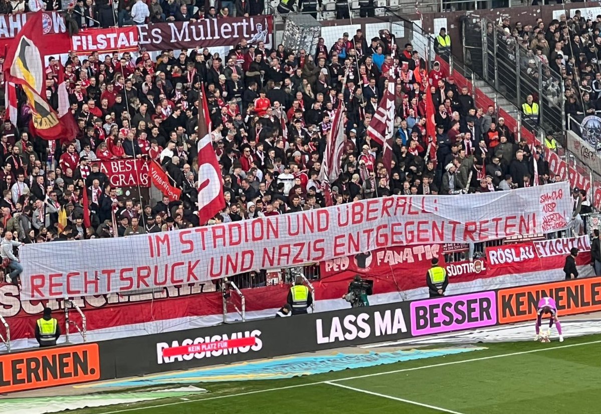 #Germany - Bayern Munich supporters' banner at yesterday's away match against FC St. Pauli:

“In the stadium and everywhere, stand against the shift to the right and nazis.”