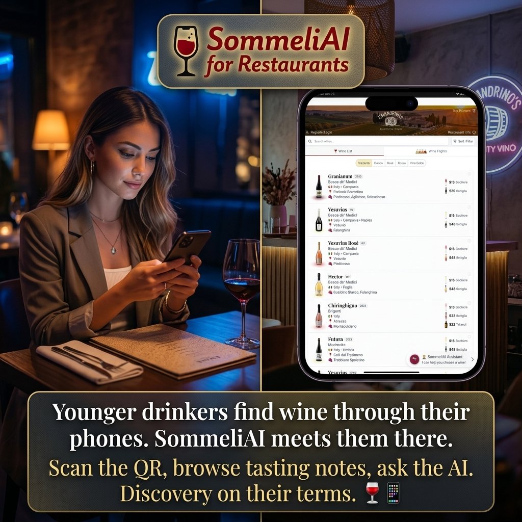 SommeliAI's tweet photo. Younger wine drinkers find bottles through their phones, not servers. SommeliAI meets them there. Scan the QR code, browse with tasting notes, ask the AI. Wine discovery happens on their terms now. 🍷📱 https://t.co/EsOx0Sb8n5 https://t.co/J7DqjM4GuH