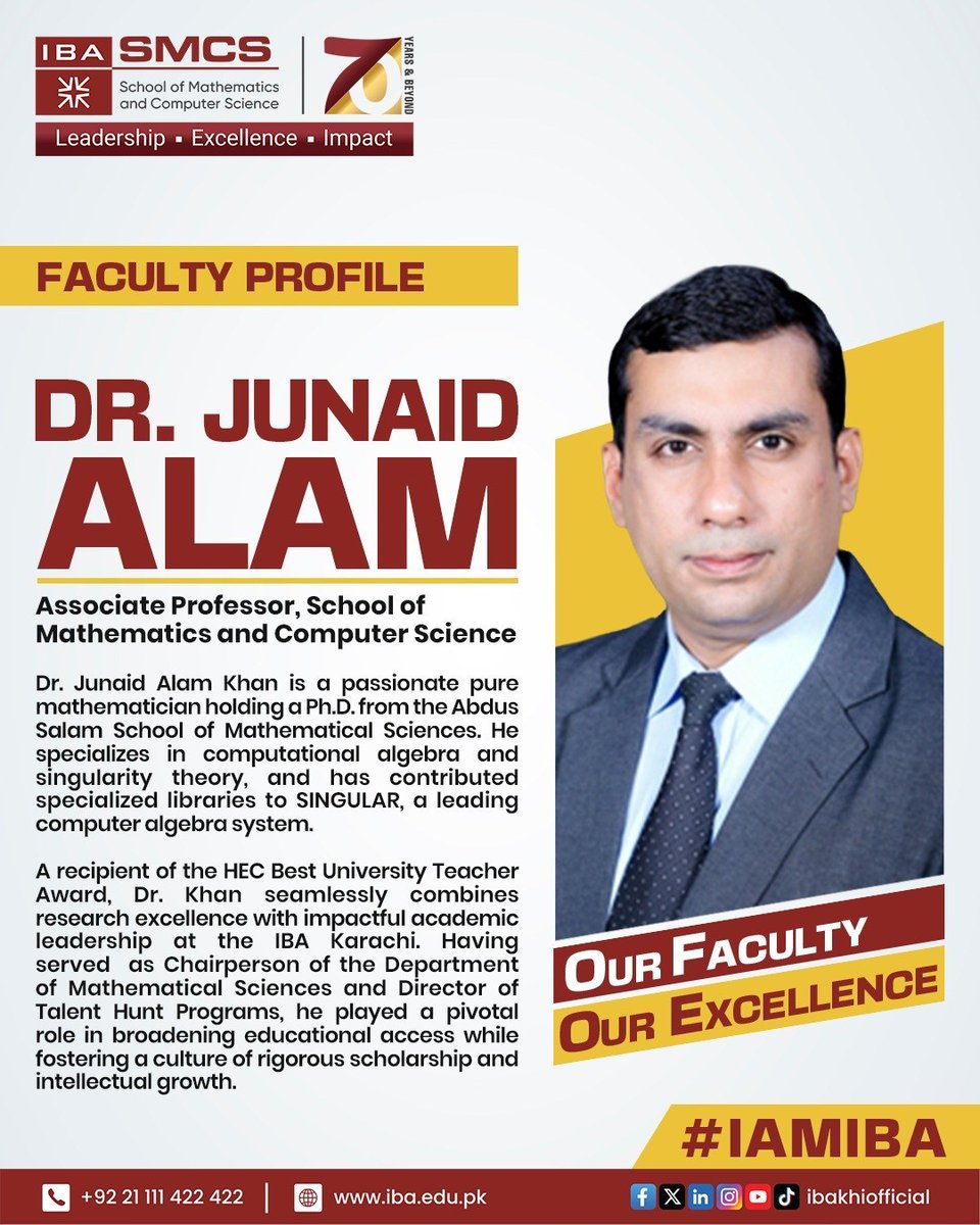 ibakhiofficial's tweet image. Advancing Knowledge, inspiring minds.

At IBA, Dr. Junaid Alam Khan continues to shape academic and outreach initiatives through his leadership in Mathematical Sciences and Talent Hunt Programs, creating opportunities and driving meaningful impact.

#IBAKarachi #SMCS