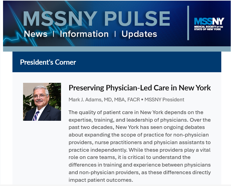 MedSocietyNYS's tweet image. Preserving Physician-Led Care in New York - check out this week's #MSSNY Pulse for this and all the news #NYS #Physicians need to know this week.  ow.ly/FZij50YHgpn