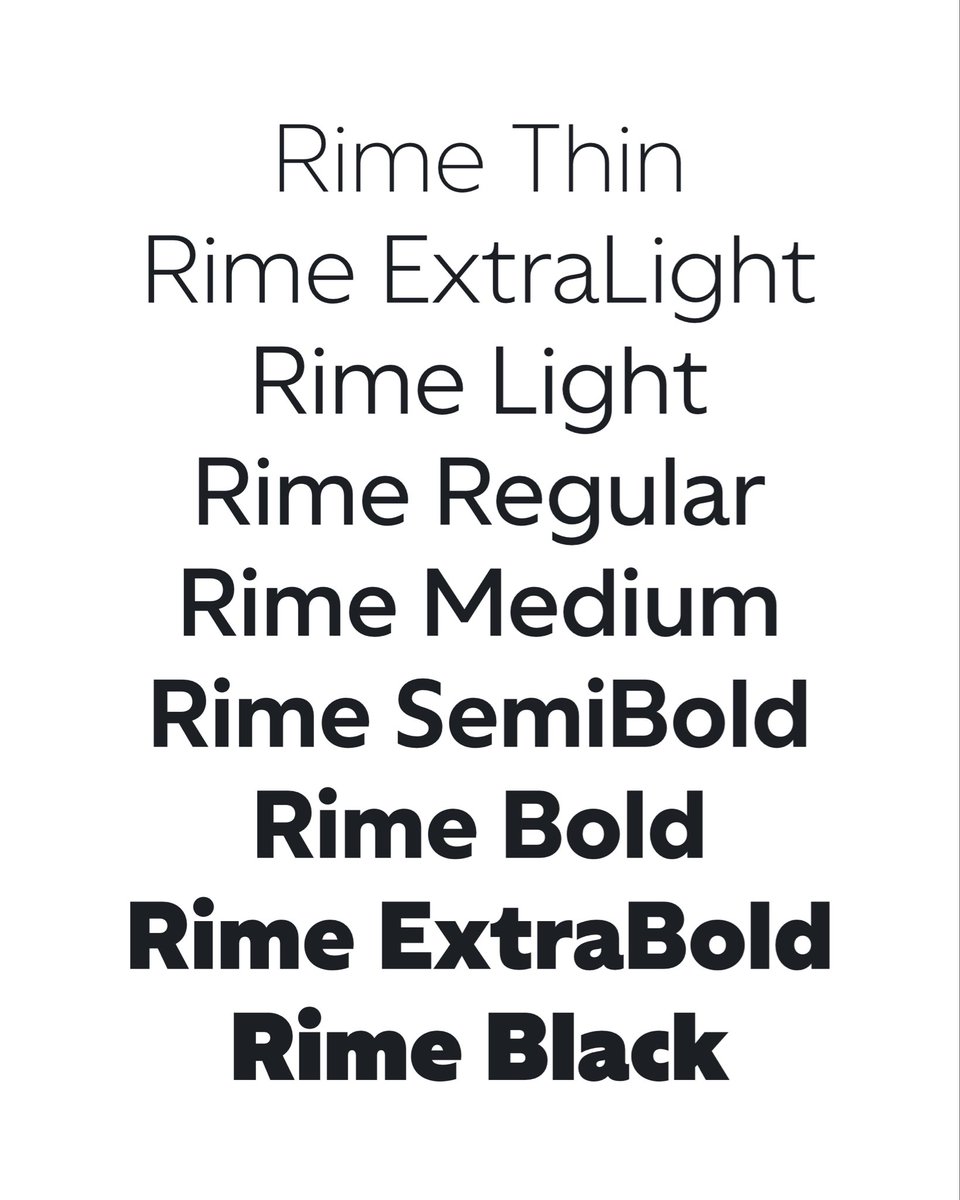 hotsanyuk's tweet photo. ❄️ Rime is a geometric new-wave sans serif for modern flow.

Designed to perform well in both minimalist layouts and expressive display applications, the wide range of weights allows flexible use of the typeface — from small text to headlines of various scales.

⬆️ Link in Bio https://t.co/BkODYlX2Ir
