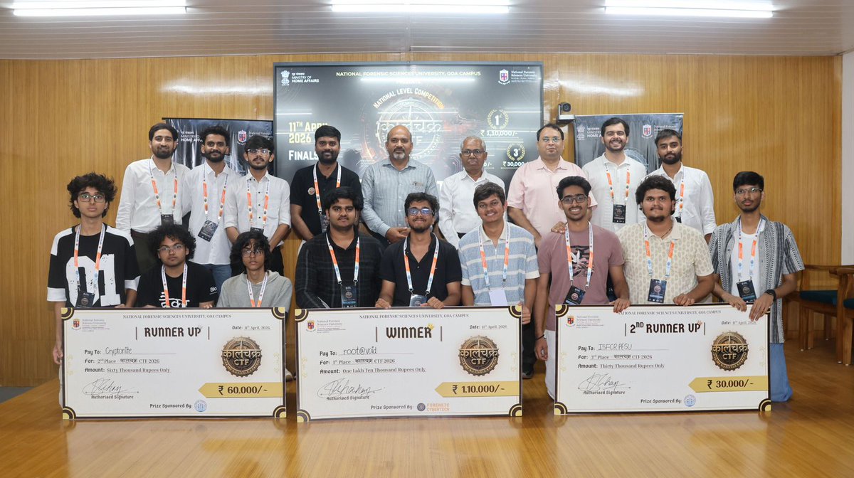 NFSU_Goa's tweet photo. The final stage of the National level @KaalChakra_CTF  2026 took place on April 11, 2026, at the NFSU Goa campus. The offline round featured the top 25 teams from across the country in a rigorous display of technical skill. Following the intense competition, winners claimed rewards from a prize pool valued at over ₹55 Lakhs. The top three teams secured cash prizes of ₹1,10,000, ₹60,000, and ₹30,000, alongside professional certifications and tool licenses. Such platforms remain vital for identifying elite talent and bridging the gap between theory and real-world challenges to foster a globally competitive cybersecurity workforce. 

The winners were 
1st Prize - Team root@void (PES University), 
2nd Prize - Team Cryptonite (Manipal Institute of Technology, Manipal)
3rd Prize - Team ISFCR PESU (PES University).