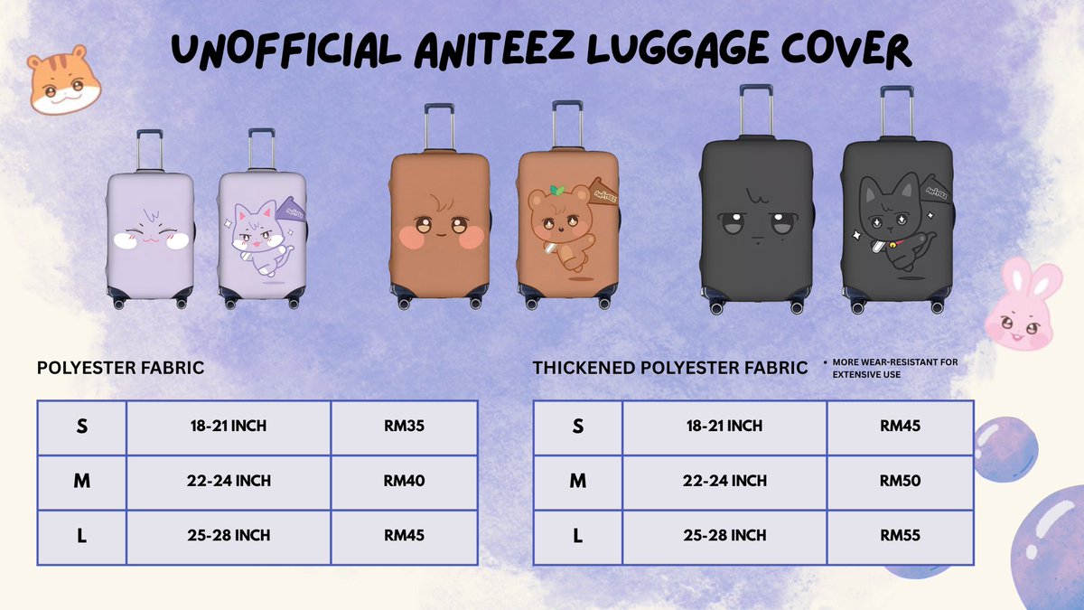 lovercsan's tweet photo. [🇲🇾 BASED] UNOFFICIAL ANITEEZ LUGGAGE COVER! 

travelling to see ateez (yet again) but afraid you’ll miss or lose your luggage? come check out this aniteez luggage cover. 🥸🤍

check below! https://t.co/RemFyqiexv