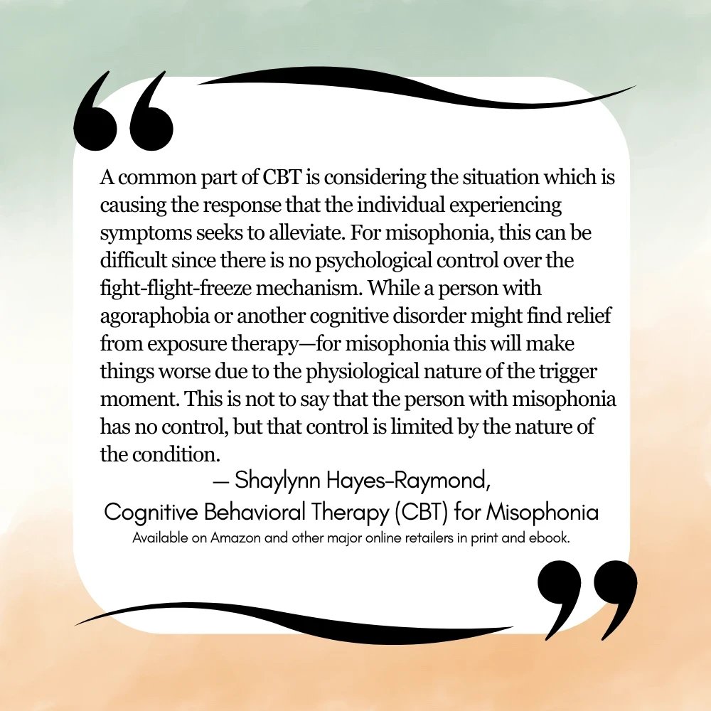 MisophoniaInt's tweet image. Cognitive Behavioral Therapy (CBT) for Misophonia is available now- get your copy in #ebook or #print from your favourite #book retailer here: misophoniacbt.com (or 🔗🌲) #CBT #Misophonia #cognitivebehavioraltherapy #therapistresources