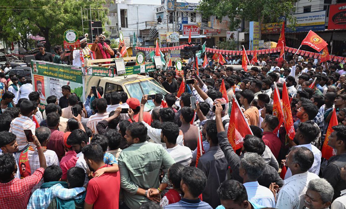 THChennai's tweet photo. #TamilNaduElection: #NaamTamilarKatchi (#NTK) chief coordinator #Seeman addresses during an #election campaign at Kochadai in #Madurai city on Sunday. 

📹: R. Ashok (@ashokfoto) / The Hindu https://t.co/NpAeg7cSko